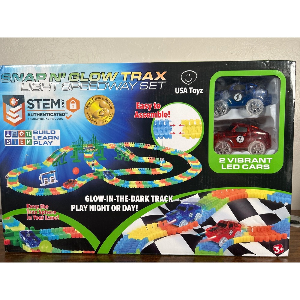 USA Toyz Snap N Glow Trax Light Speedway Set 360pc Glow Track 2 LED Cars STEM